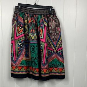 Flying Tomato Womens A-Line Skirt M Green Pink Aztec Print Stretch Waist Party